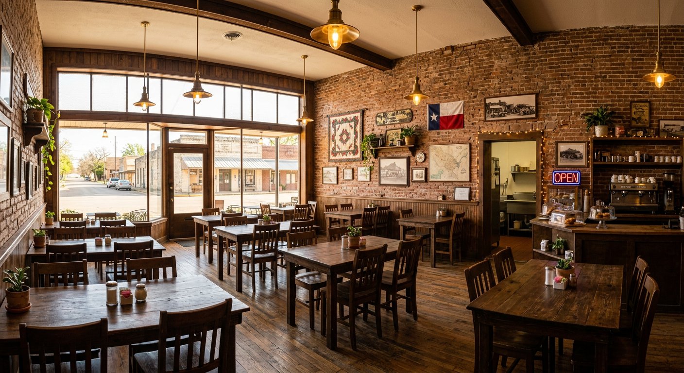 The warm brick-walled dining room at Rigo's Cafe in Texas City